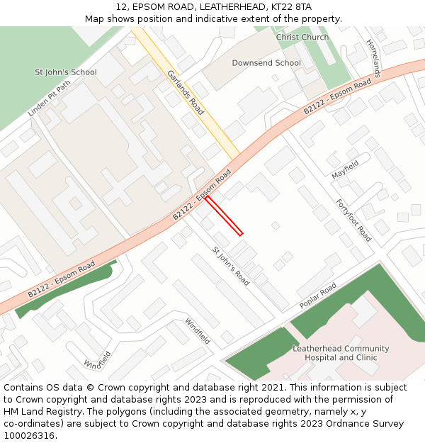 12, EPSOM ROAD, LEATHERHEAD, KT22 8TA: Location map and indicative extent of plot