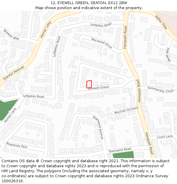12, EYEWELL GREEN, SEATON, EX12 2BW: Location map and indicative extent of plot