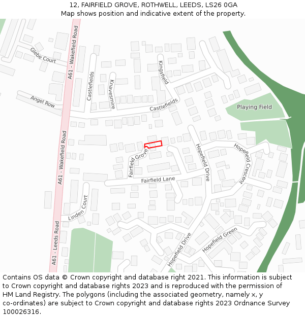 12, FAIRFIELD GROVE, ROTHWELL, LEEDS, LS26 0GA: Location map and indicative extent of plot