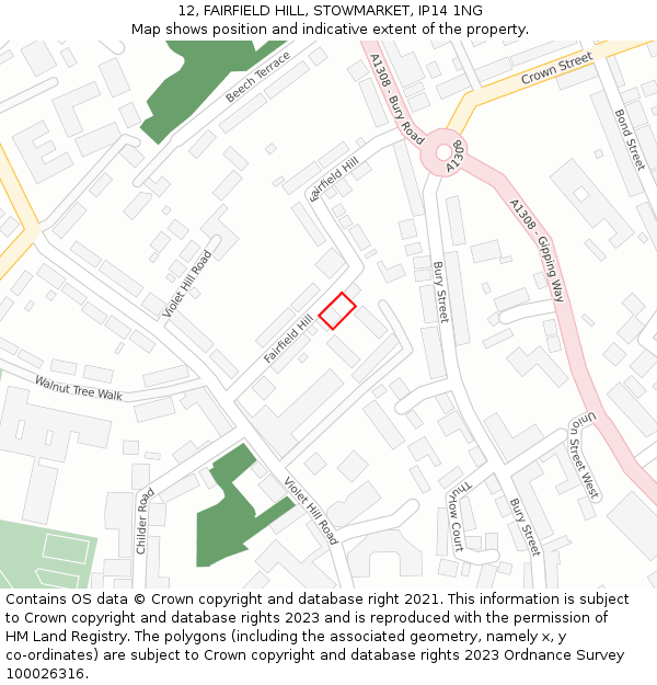 12, FAIRFIELD HILL, STOWMARKET, IP14 1NG: Location map and indicative extent of plot