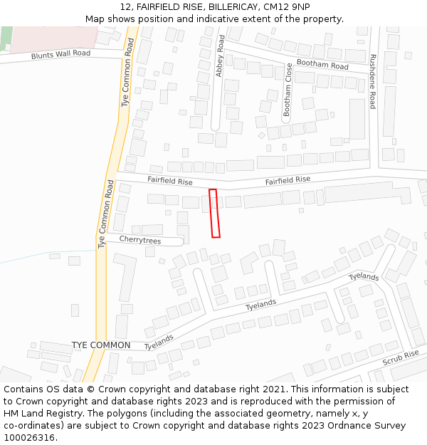 12, FAIRFIELD RISE, BILLERICAY, CM12 9NP: Location map and indicative extent of plot