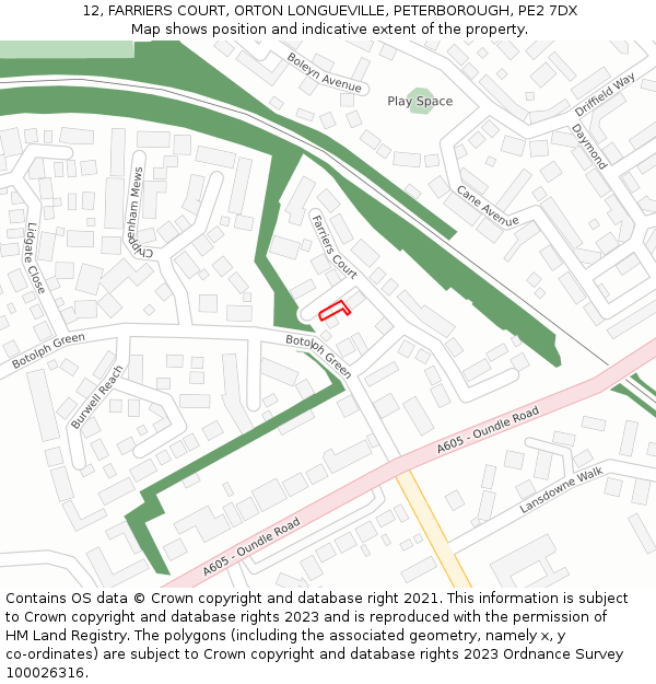 12, FARRIERS COURT, ORTON LONGUEVILLE, PETERBOROUGH, PE2 7DX: Location map and indicative extent of plot