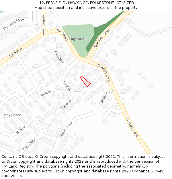 12, FERNFIELD, HAWKINGE, FOLKESTONE, CT18 7EB: Location map and indicative extent of plot