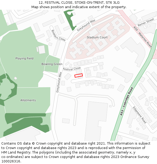 12, FESTIVAL CLOSE, STOKE-ON-TRENT, ST6 3LG: Location map and indicative extent of plot