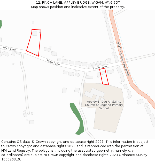12, FINCH LANE, APPLEY BRIDGE, WIGAN, WN6 9DT: Location map and indicative extent of plot