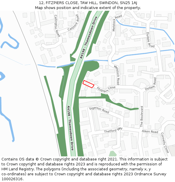 12, FITZPIERS CLOSE, TAW HILL, SWINDON, SN25 1AJ: Location map and indicative extent of plot