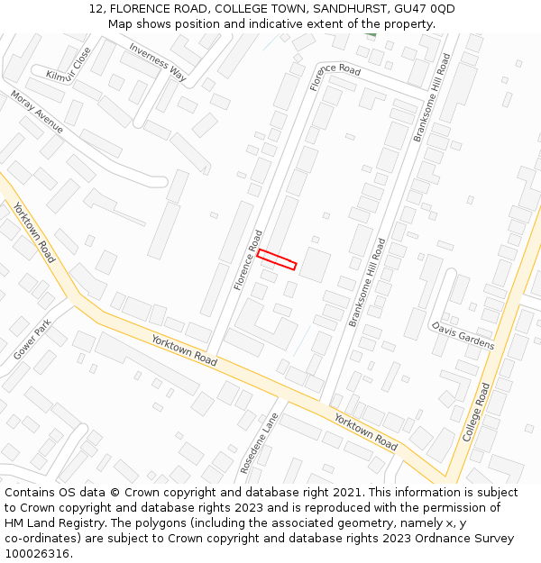 12, FLORENCE ROAD, COLLEGE TOWN, SANDHURST, GU47 0QD: Location map and indicative extent of plot