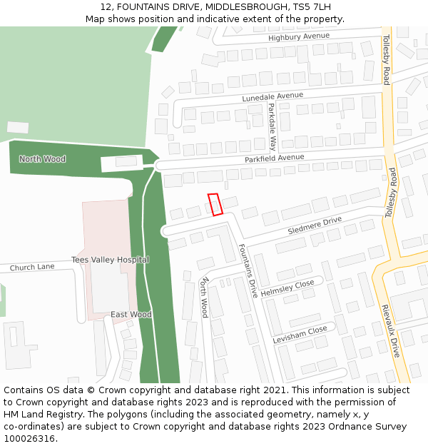 12, FOUNTAINS DRIVE, MIDDLESBROUGH, TS5 7LH: Location map and indicative extent of plot