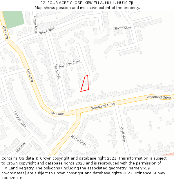 12, FOUR ACRE CLOSE, KIRK ELLA, HULL, HU10 7JL: Location map and indicative extent of plot