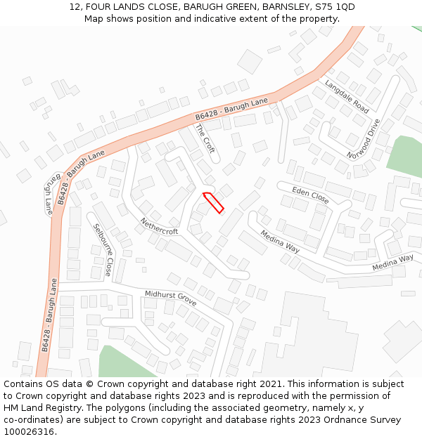 12, FOUR LANDS CLOSE, BARUGH GREEN, BARNSLEY, S75 1QD: Location map and indicative extent of plot
