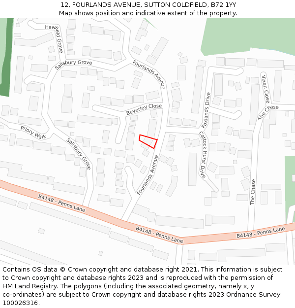 12, FOURLANDS AVENUE, SUTTON COLDFIELD, B72 1YY: Location map and indicative extent of plot