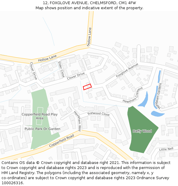 12, FOXGLOVE AVENUE, CHELMSFORD, CM1 4FW: Location map and indicative extent of plot