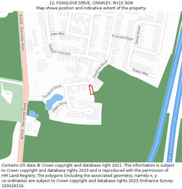12, FOXGLOVE DRIVE, CRAWLEY, RH10 3GW: Location map and indicative extent of plot