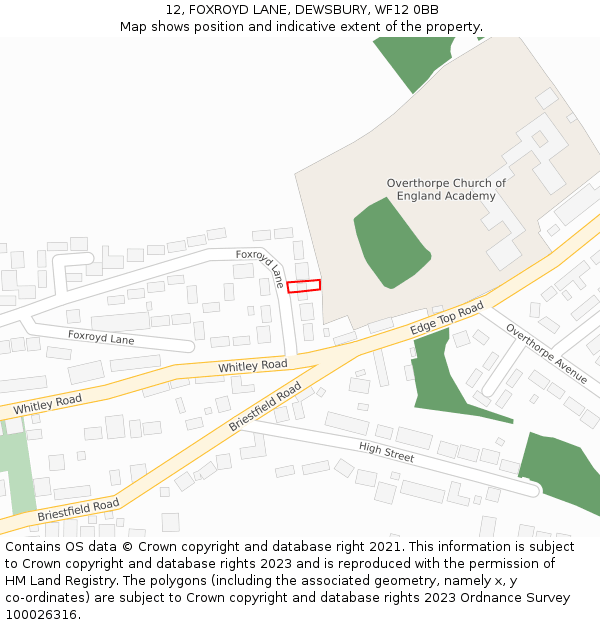 12, FOXROYD LANE, DEWSBURY, WF12 0BB: Location map and indicative extent of plot