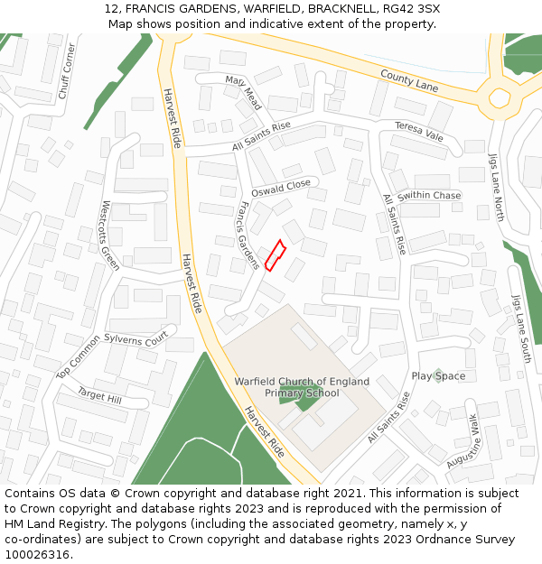 12, FRANCIS GARDENS, WARFIELD, BRACKNELL, RG42 3SX: Location map and indicative extent of plot