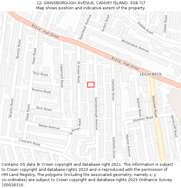12, GAINSBOROUGH AVENUE, CANVEY ISLAND, SS8 7LT: Location map and indicative extent of plot