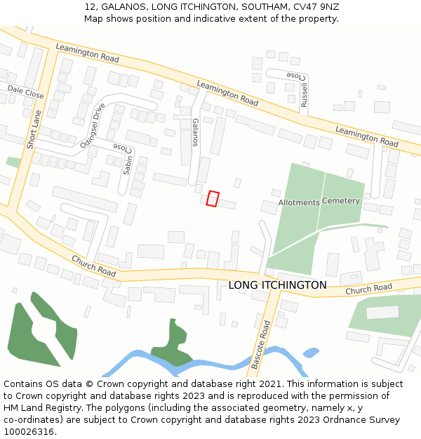 12, GALANOS, LONG ITCHINGTON, SOUTHAM, CV47 9NZ: Location map and indicative extent of plot