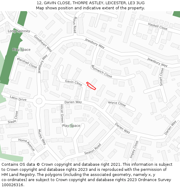 12, GAVIN CLOSE, THORPE ASTLEY, LEICESTER, LE3 3UG: Location map and indicative extent of plot