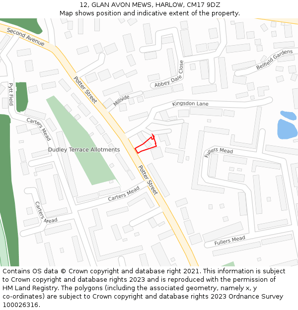12, GLAN AVON MEWS, HARLOW, CM17 9DZ: Location map and indicative extent of plot