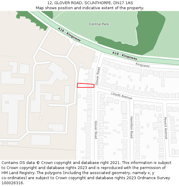 12, GLOVER ROAD, SCUNTHORPE, DN17 1AS: Location map and indicative extent of plot