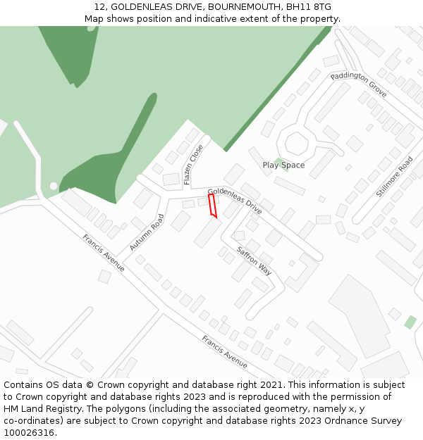 12, GOLDENLEAS DRIVE, BOURNEMOUTH, BH11 8TG: Location map and indicative extent of plot