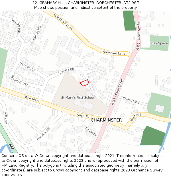 12, GRANARY HILL, CHARMINSTER, DORCHESTER, DT2 9SZ: Location map and indicative extent of plot