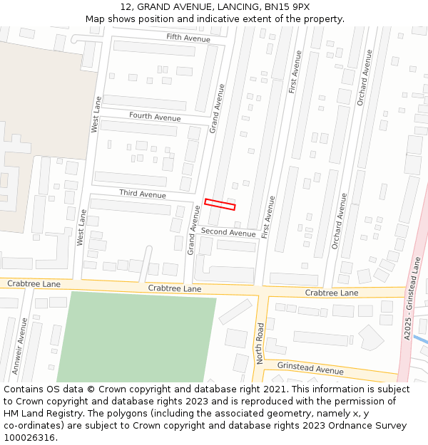 12, GRAND AVENUE, LANCING, BN15 9PX: Location map and indicative extent of plot