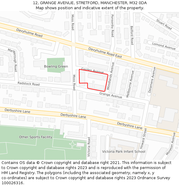 12, GRANGE AVENUE, STRETFORD, MANCHESTER, M32 0DA: Location map and indicative extent of plot