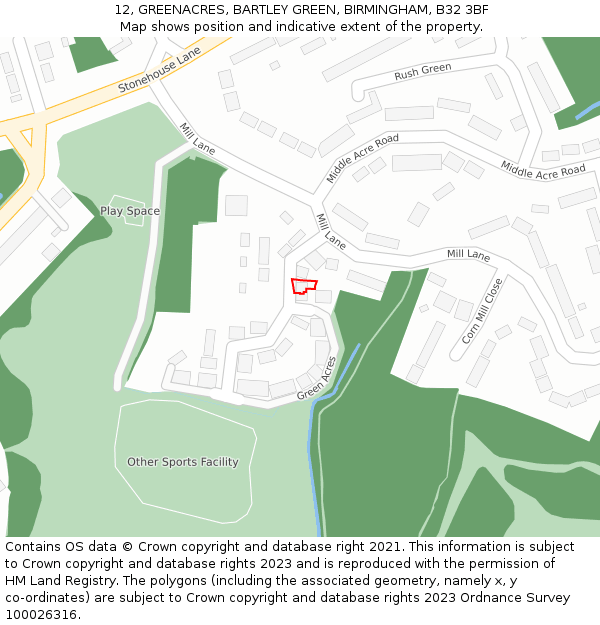 12, GREENACRES, BARTLEY GREEN, BIRMINGHAM, B32 3BF: Location map and indicative extent of plot