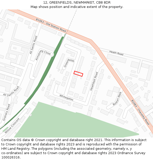 12, GREENFIELDS, NEWMARKET, CB8 8DR: Location map and indicative extent of plot