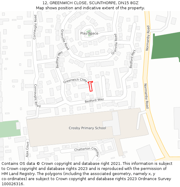 12, GREENWICH CLOSE, SCUNTHORPE, DN15 8GZ: Location map and indicative extent of plot