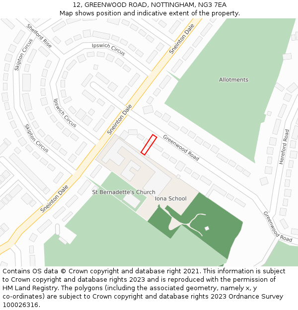12, GREENWOOD ROAD, NOTTINGHAM, NG3 7EA: Location map and indicative extent of plot