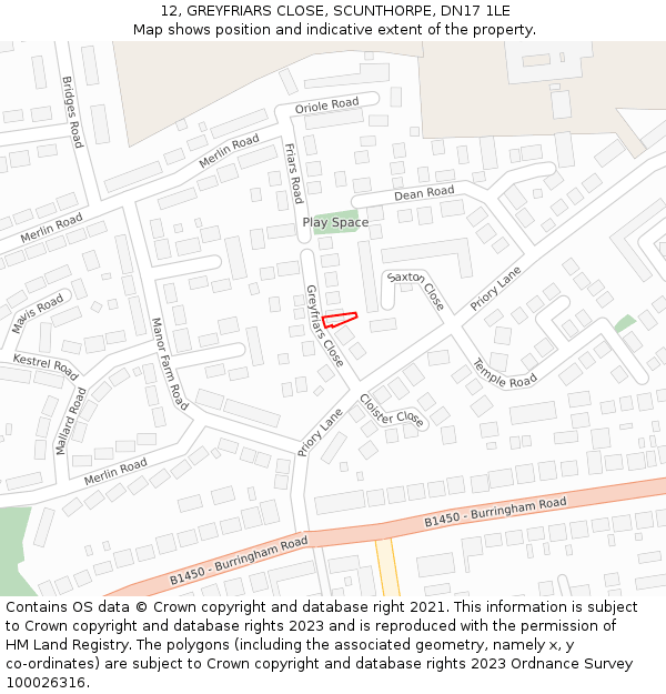 12, GREYFRIARS CLOSE, SCUNTHORPE, DN17 1LE: Location map and indicative extent of plot