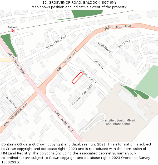 12, GROSVENOR ROAD, BALDOCK, SG7 6NY: Location map and indicative extent of plot