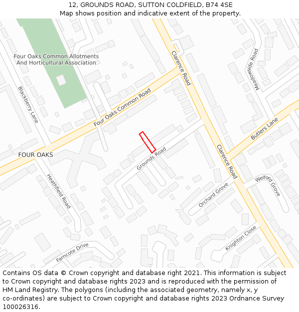 12, GROUNDS ROAD, SUTTON COLDFIELD, B74 4SE: Location map and indicative extent of plot