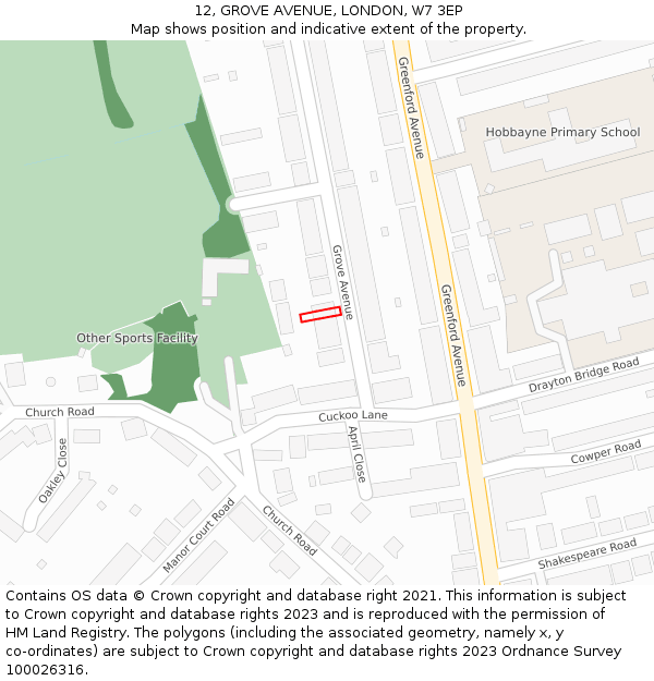 12, GROVE AVENUE, LONDON, W7 3EP: Location map and indicative extent of plot