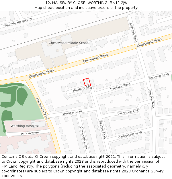 12, HALSBURY CLOSE, WORTHING, BN11 2JW: Location map and indicative extent of plot