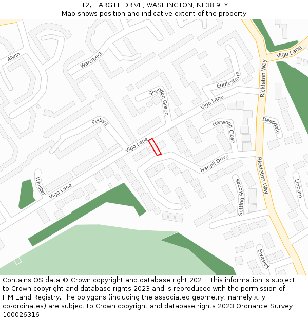 12, HARGILL DRIVE, WASHINGTON, NE38 9EY: Location map and indicative extent of plot