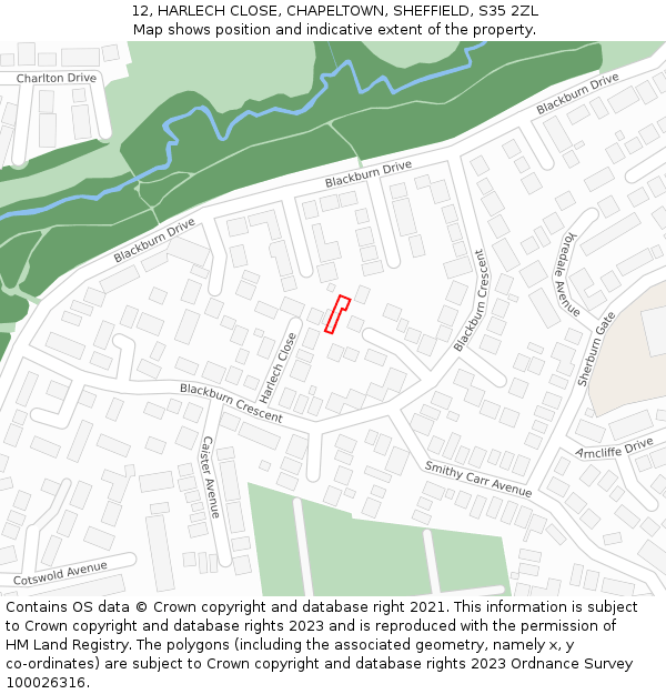 12, HARLECH CLOSE, CHAPELTOWN, SHEFFIELD, S35 2ZL: Location map and indicative extent of plot