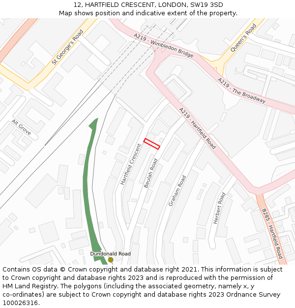 12, HARTFIELD CRESCENT, LONDON, SW19 3SD: Location map and indicative extent of plot