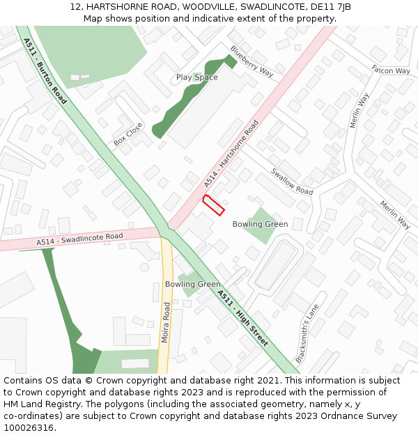 12, HARTSHORNE ROAD, WOODVILLE, SWADLINCOTE, DE11 7JB: Location map and indicative extent of plot