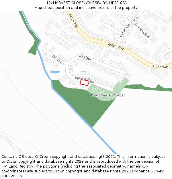 12, HARVEST CLOSE, AYLESBURY, HP21 9FA: Location map and indicative extent of plot