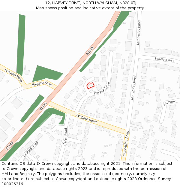 12, HARVEY DRIVE, NORTH WALSHAM, NR28 0TJ: Location map and indicative extent of plot