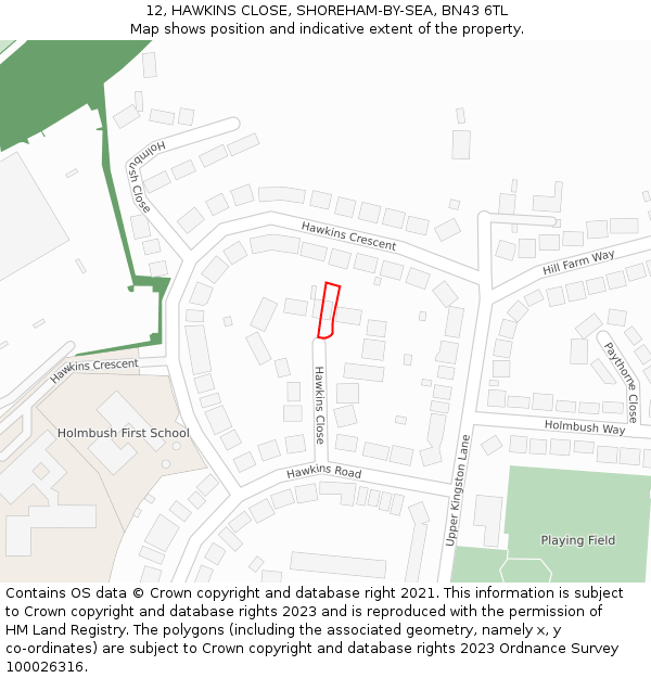 12, HAWKINS CLOSE, SHOREHAM-BY-SEA, BN43 6TL: Location map and indicative extent of plot