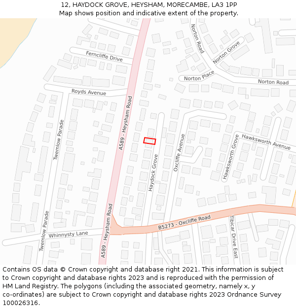 12, HAYDOCK GROVE, HEYSHAM, MORECAMBE, LA3 1PP: Location map and indicative extent of plot