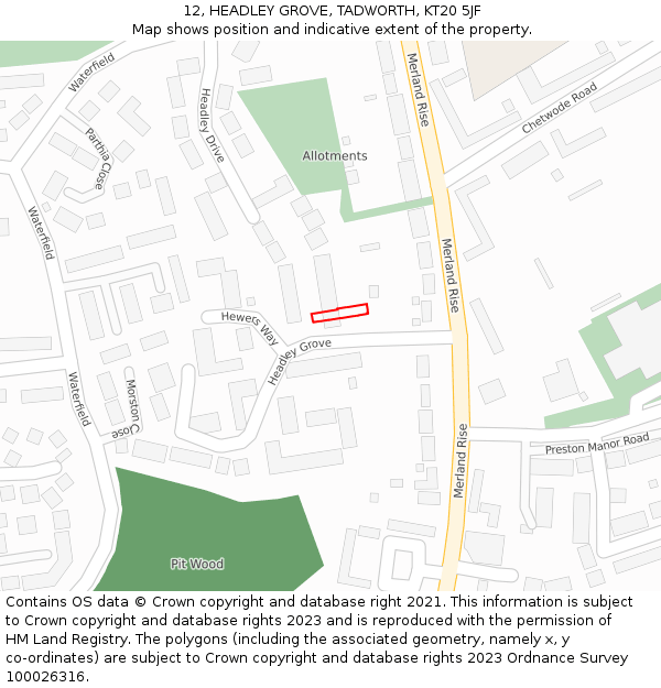 12, HEADLEY GROVE, TADWORTH, KT20 5JF: Location map and indicative extent of plot