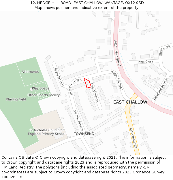 12, HEDGE HILL ROAD, EAST CHALLOW, WANTAGE, OX12 9SD: Location map and indicative extent of plot