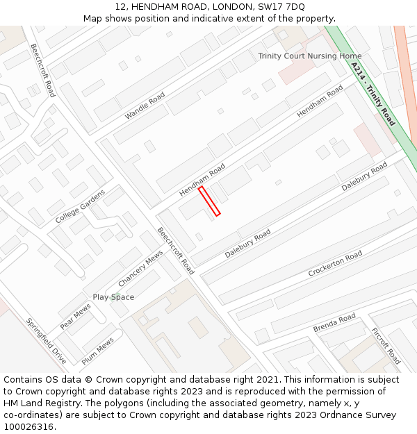 12, HENDHAM ROAD, LONDON, SW17 7DQ: Location map and indicative extent of plot