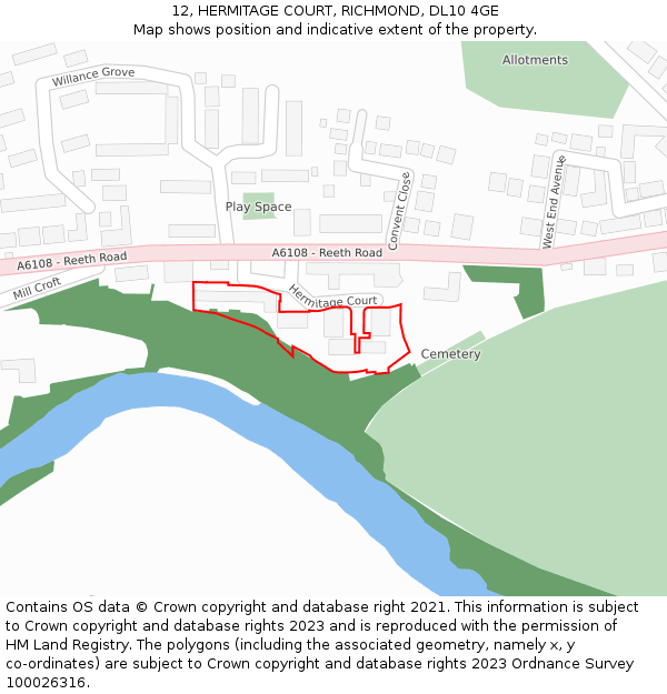 12, HERMITAGE COURT, RICHMOND, DL10 4GE: Location map and indicative extent of plot