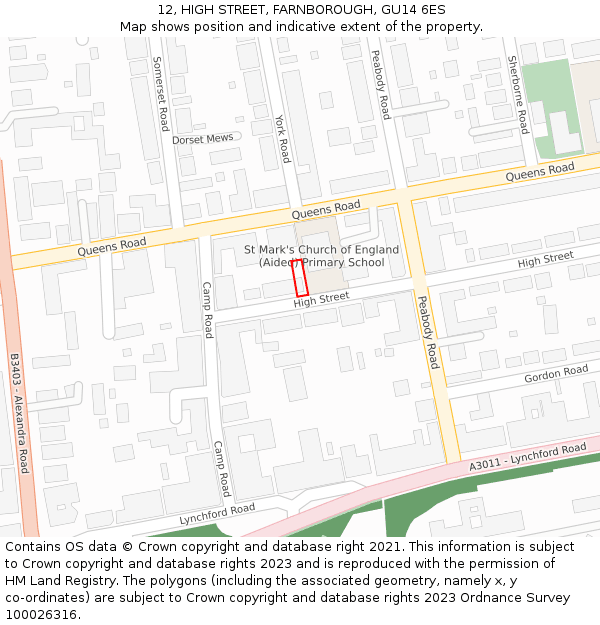 12, HIGH STREET, FARNBOROUGH, GU14 6ES: Location map and indicative extent of plot